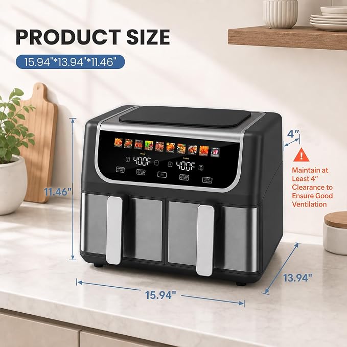 OLIXIS Dual Air Fryers with 2 Baskets 9.5 Quarts Large Airfryer 10-in-1 | Independent Temp Control 80-450°F, Ceramic Crisper Plate, Sync Setting, Shake Reminder, Bake Broil Defrost Dehydrate, Black