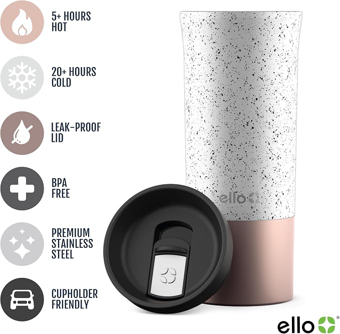Ello Miri 16oz Insulated Stainless Steel Travel Mug with Slider Lid, Speckle Rosegold