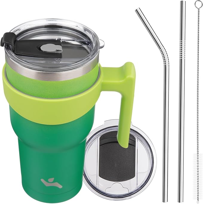 Konokyo 30 oz Tumbler with Handle and Straw, Insulated Travel Mug | Matcha Green; BPA-free, leak-proof tumbler with 2 lids, 2 straws, cup holder fit for coffee, office, travel & daily use