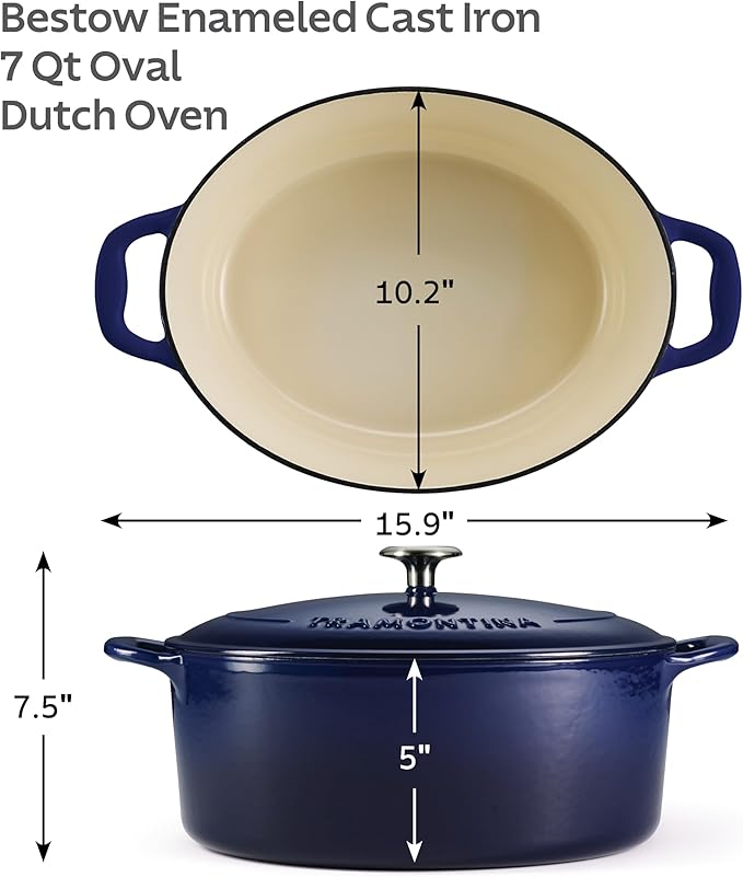 Tramontina Bestow Enameled Cast Iron 7-Qt Oval Dutch Oven Pot with Lid | Great for Braising, Roasting and Bread Baking - Blue