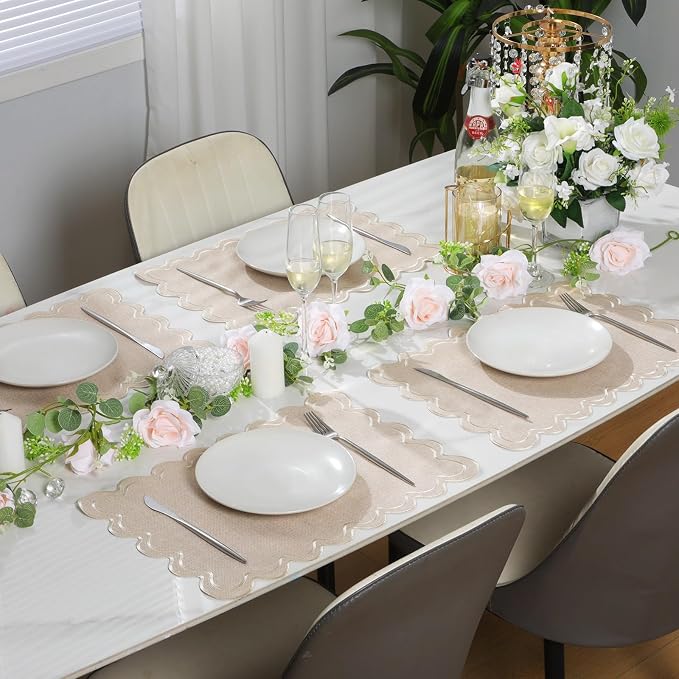 HunnmingRe Beige with Creamy White Set of 6 Cotton Linen Wedding Placemats, 13x19 Inch Scalloped Wavy Embroidery Placemat Double Layered Washable Rustic Rectangle Dinner Table Mat for Home Decor