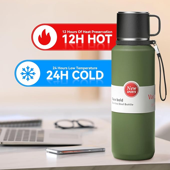 Stainless Steel Insulated Bottle, Vacuum Insulated Water Bottle, Hot Drinks Cold Drinks with Separate Tea Compartment, 24-Hrs Insulation Commute Travel (Green,50oz/1500ml)