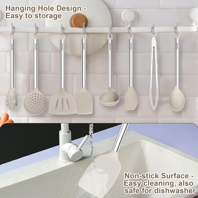 Vayvnt Kitchen Utensil Set, Silicone Utensils Dishwasher Safe, 8PCS, Khaki | Cooking Utensils Set for Non-Stick Cookware, NonToxic, Plastic-Free, Heat Resistant Up to 480℉, Cooking Spoons Spatula Tongs