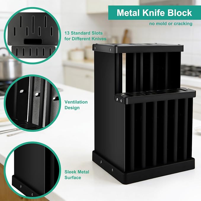 16-Piece Kitchen Knife Set with Block - High Carbon Stainless Steel Knives, Black Non-Stick Coating, Triple Riveted Forged Turquoise Handle, Dishwasher Safe, Includes Knife Sharpener, Scissors
