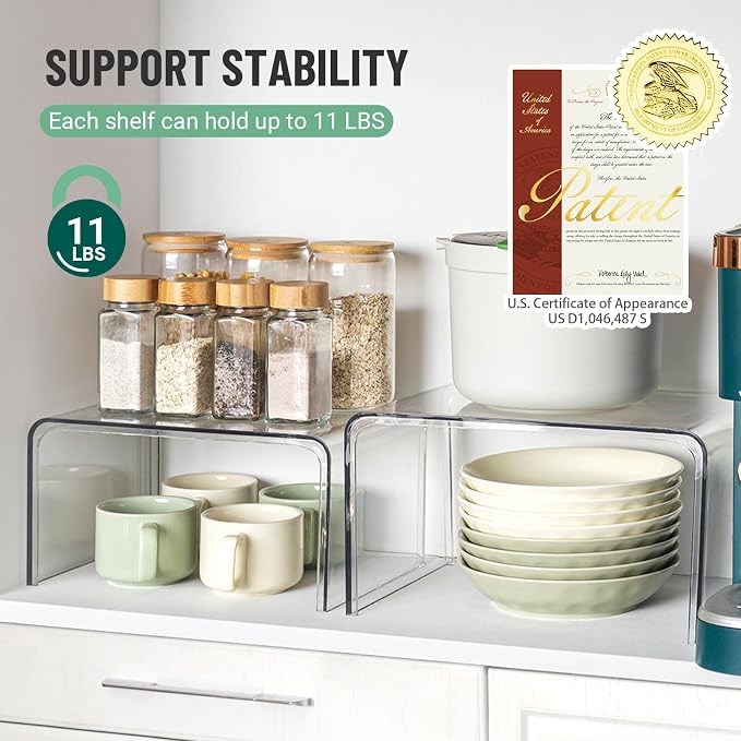 Bobomoment Clear Cabinet Organizer, Stackable Shelf Organizer Set of 4 | Kitchen Pantry Organizers and Storage, Display Cabinet Shelf Countertop Desk Shelves, Patented Spice Organization