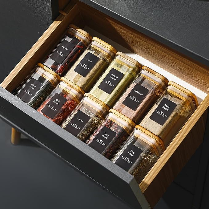 12Pcs 9oz Spice Jars Glass Container with 275 Labels, Airtight Seasoning Empty Organizer with Bamboo Lid Set for Food Storage, Salt, Sugar | Airtight Seasoning Empty Containers with Bamboo Lid Set for Pepper, Salt