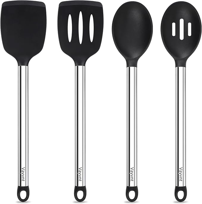 Vayvnt 4 Pieces Silicone Kitchen Utensils Set for Nonstick Cookware, Black | Spatula and Spoon Set, Heat Resistance, Non Toxic, Silicone Utensils for Cooking, Stainless Steel Handle, Dishwasher Safe