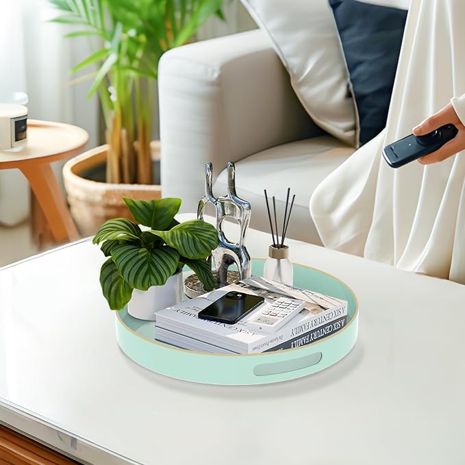 13" Mint Green Decorative Tray, Round Serving Tray with Handles | Plastic Decorative Tray for Coffee Table, Modern Ottoman Tray, Circle Tea Tray, Round Melamine Tray for Living Room, Bathroom