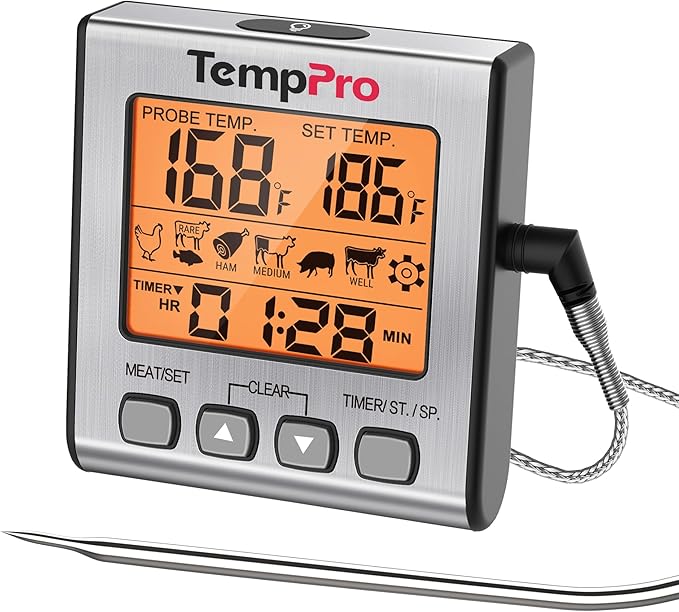 TempPro TempTrack Digital Meat Thermometer for Cooking and Grilling | BBQ Food Thermometer with Backlight and Kitchen Timer, Grill Temperature Probe Thermometer for Smoker, Oven, Baking, Oil