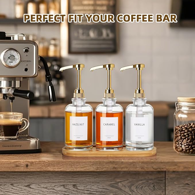 Coffee Syrup Dispenser, Glass Syrup Pump Dispenser for Coffee Bar Accessories, Maple Syrup Bottles with Tray, 16.9 fl oz Simple Syrup Bottles with 1/4oz Large Capacity Gold Pump