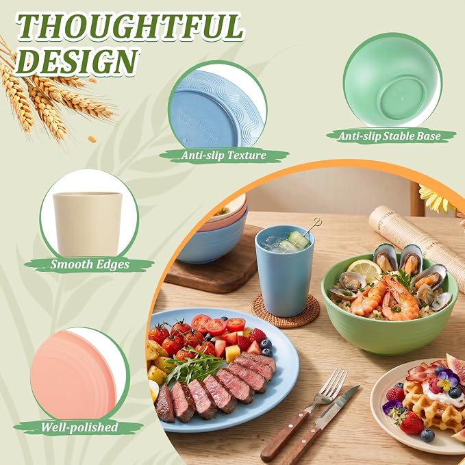 PYRMONT 40 Piece Unbreakable Plate and Bowl Set Wheat Straw Dishes Set for 8-Reusable Plates,Microwave Safe Bowls for Dorm Room,RV Essentials,Dishwasher Safe Kitchen Cups Set-Multilight
