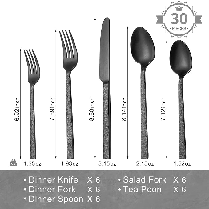 30 Pcs Black Hammered Silverware Set for 6, 18/10 Stainless Steel Heavy Duty Flatware Set, Tableware Cutlery Utensil Sets for Home Restaurant Dishwasher Safe