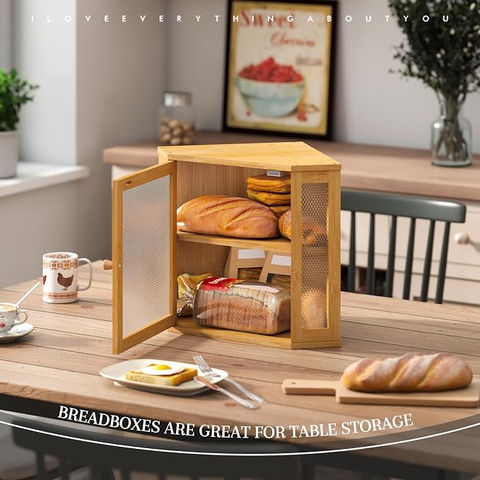 STDDRE Corner Bread Box Kitchen Countertop Extra Large Capacity Farmhouse Bread Box, Corner Countertop Storage, Double Layer Bread Holder (Natural, Large)