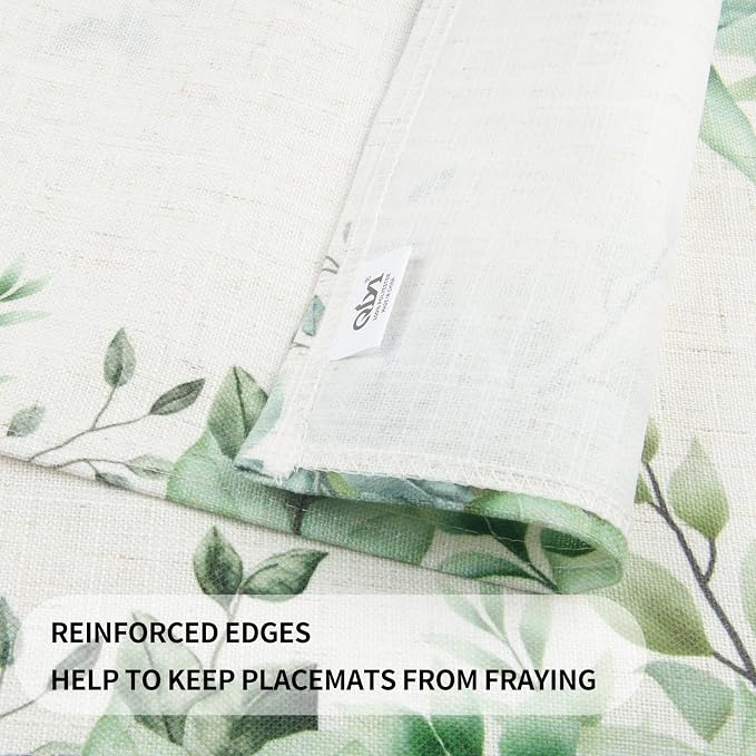 QIYI Boho Table Placemats Set of 4, 12"x18" Linen Place Mats, Green Leaves | Fabric Place Mats for Kitchen Dinning, Farmhouse Rustic Cloth Table Mats, Washable Placemat Party Table Décor