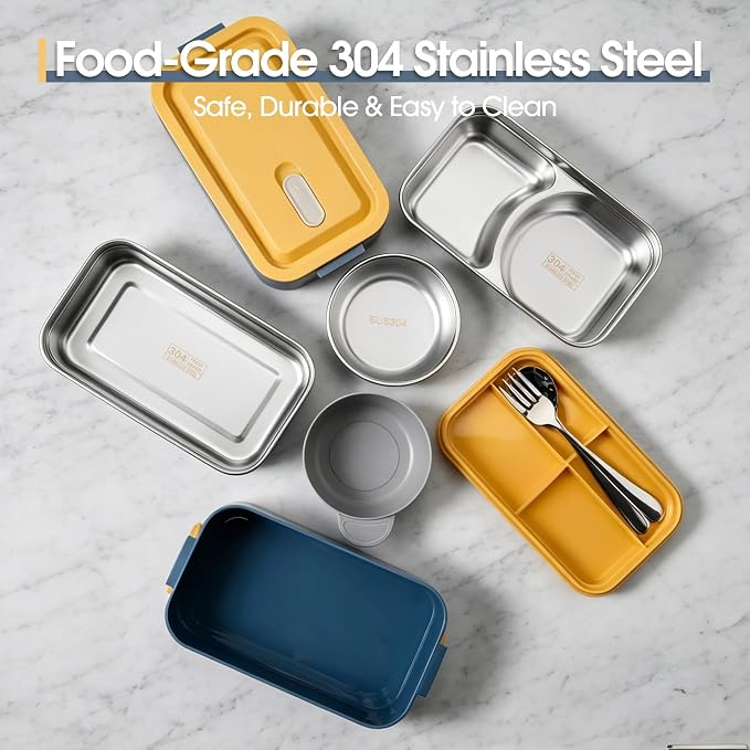 Kabbas 18/8 Stainless Steel Bento Box for Kids & Women – 66 Oz Leakproof Lunch Containers for Adults, 2Layers Stackable Metal Lunch Box with Cutlery & Insulated Bag – Ideal for Work, School, Picnic