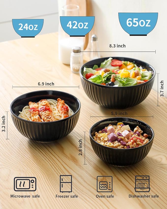 HASENSE Black Ribbed Porcelain Serving Bowls Set of 3 | 0.5/1/1.5 Qt Stackable Nesting Mixing Bowls, Large Prep Salad Pasta Fruit Bowls for Kitchen Baking Cooking Storage