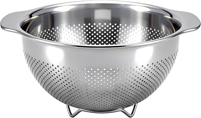 Stainless Steel Colander for Kitchen with Handle for Pasta (4QT) | Fine mesh. Dishwasher safe. Great for straining spaghetti, vegetables, fruit, noodles, eggs & rice