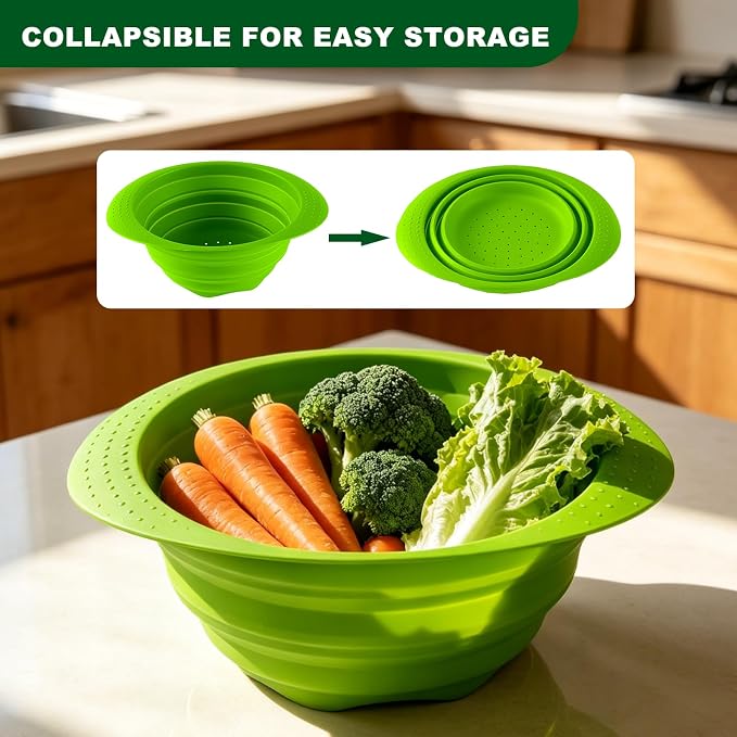 Collapsible Silicone Colander with Handle, 10.5-Inch Large Capacity Foldable Strainer for Vegetables, Pasta, Fruits - Heat Resistant up to 212°F, Non-Slip Base, Space-Saving Kitchen Tool-3pack