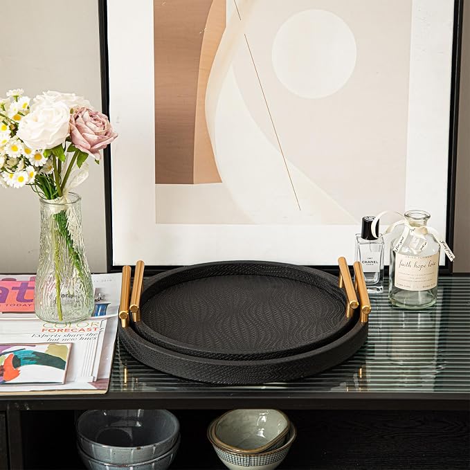 2 Piece Black Round Serving Tray with Handles, Woven-Texture Faux Leather Ottoman Tray for Living Room, Decorative Tray for Coffee Table Home Decor