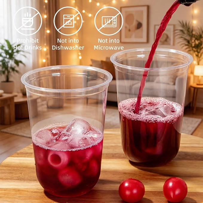 WELLIFE 16 oz Clear Plastic Cups 100 Pcs | Disposable Wine Glasses Stemless Cocktail Punch Cups for Cold Drinking Party Supplies, Halloween Thanksgiving Christmas