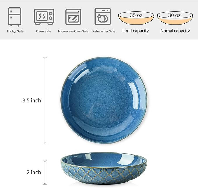Sureasy Pasta Bowls Set of 4, 30oz Large Embossed Serving Bowl Plates, 8.5 Inch Wide and Shallow Plate Bowls, Microwave, Oven & Dishwasher Safe, Blue