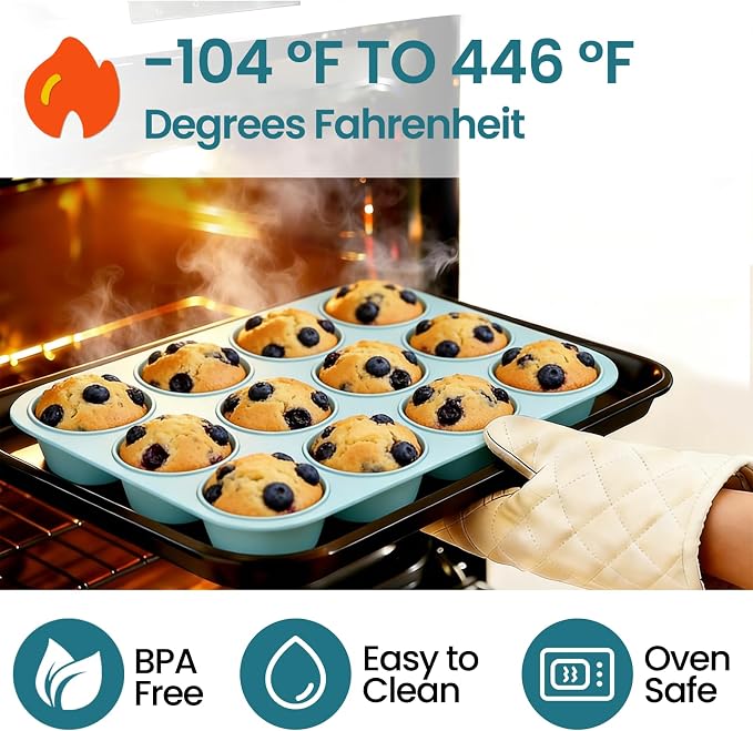 CAKETIME Silicone Muffin Pans for Baking, 2 Pack Regular Size Muffin Pan 12 Cups Non Stick Silicone Molds for Baking Muffin, Egg Bites, Cupcake BPA Free