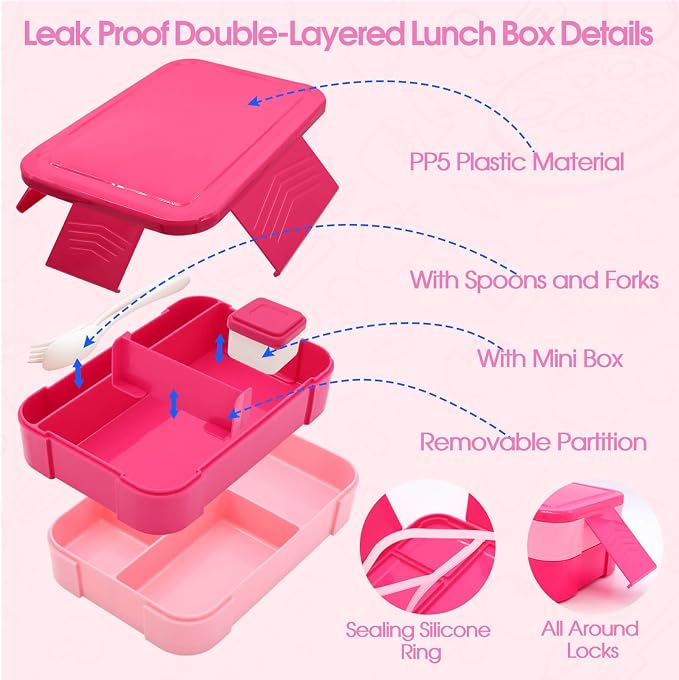 PainZieteg Pink Lunch Box for Girl with 10oz Thermo 6 Compartment Bento Set | Nylon Insulated Lunch Bag with Adjustable Strap, Ideal for Kids and Teens School, Travel and Picnic, Leakproof Thermal Pouch