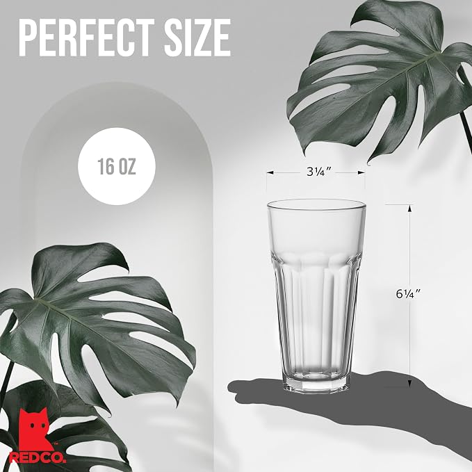 Red Co. Set of 6 Clear Glass 16 Fl Oz Drinking Highball Tumblers for Water, Juice, Beer, Cocktails