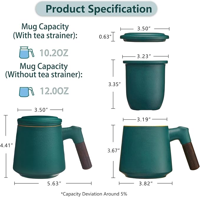 ZENS Tea Mug with Infuser and Lid for Loose Tea Diffusers, 12oz Navy | Embossed Ceramic Tea Cup with Infuser for Herbal Tea Difussers, Tea Lovers Gifts, Vintage Wood Handle