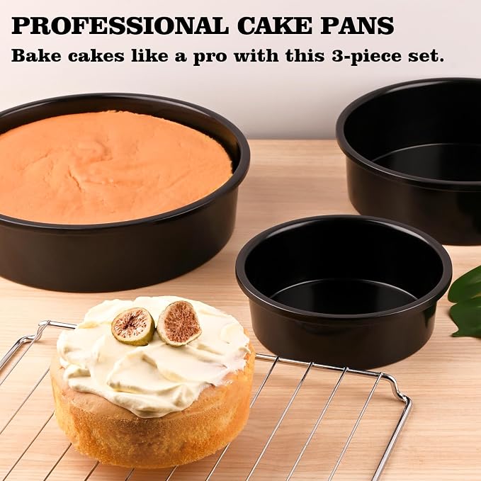 HUAKENER 3 Pack Round Cake Pans, Carbon Steel Pan with Parchment Paper | 6" 8" 10 Inch Circle Cake Pan with 150 Pieces Parchment Paper, Non-stick Cake Baking Pans, Dishwasher Safe