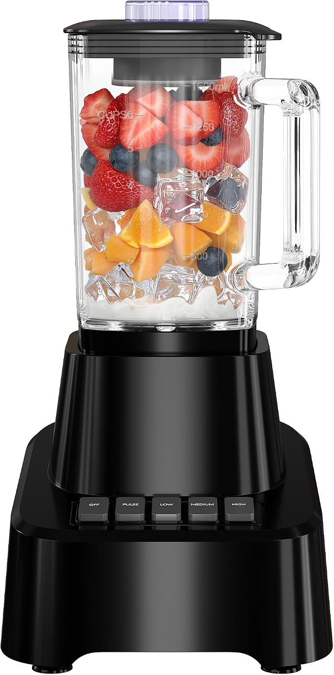 OLIXIS Professional Blender for Smoothies, Full-Size Kitchen Blender with 850 Peak Watts & 54oz Large Glass Pitcher, 4 Speeds with Pulse for Ice Crushing Frozen Fruits, Dishwasher Safe, Black