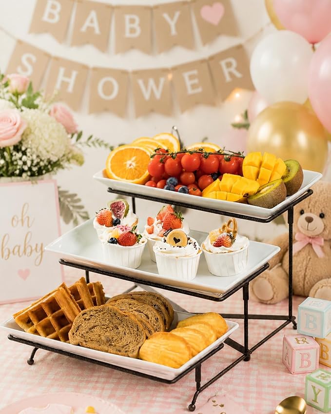 LAUCHUH 3 Tier Serving Tray for Party, Porcelain Tiered Serving Tray Stand | Serving Platter with Collapsible Sturdier Metal Rack Fruit Tray with 2 Cross Bars for Thanksgiving Day, 12 Inch, Bronze
