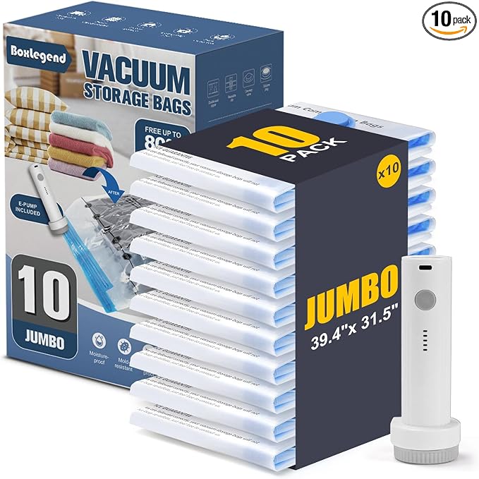 BoxLegend 10 Jumbo Vacuum Storage Bags with 1500mAh USB Electric Pump 31.5’’x39.37'' Thickened Vacuum Seal Bags for Large Down Jackets Comforters Bedding & Pillows Clothing Space-Saving Home Storage