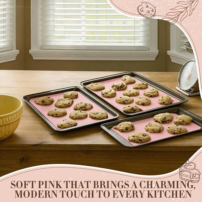 3 Pack Perforated Baking Mats, Eclair Pink Silicone Nonstick Mats | 2 Half Sheets & 1 Quarter Sheet, Pink Reusable Oven Liners, Baking Supplies for Cookies Bread Pizza Pastry, 16.5" x 11.6"