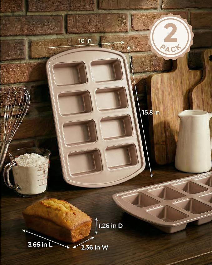 CARTMAN 2-Pack 8-Cavity Mini Loaf Pans, Carbon Steel Bread Pan Set, Gold | Includes spatula & brush, 0.6mm carbon steel, nonstick release, for banana bread, mini meatloaf, ideal for keto & meal prep