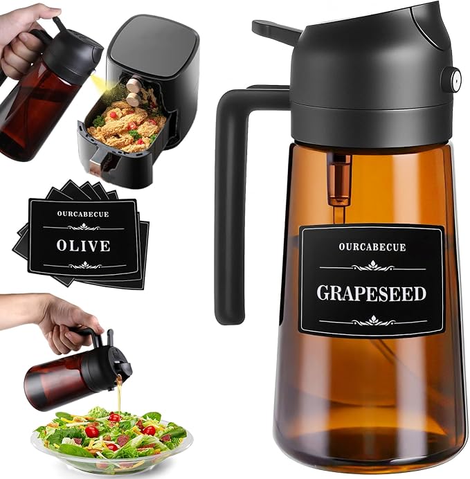 Olive Oil Sprayer & Dispenser Bottle for Cooking 16oz Dark Glass Oil Mister | 2-in-1 Oil Sprayer & Pourer, Fine mist, Light-Blocking, Wide Mouth for Easy Refill & Clean, 8 Oil Labels, Reusable