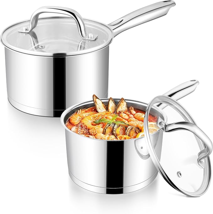P&P CHEF 1 &2 Qt Saucepan with Lid, Stainless Steel Small Cooking Pot 2 Pan | Sauce Pan for Pasta, Soup, Tri-ply Base for Induction, Gas, Ceramic, Oven & Dishwasher Safe, Ergonomic Handle & Multi-use