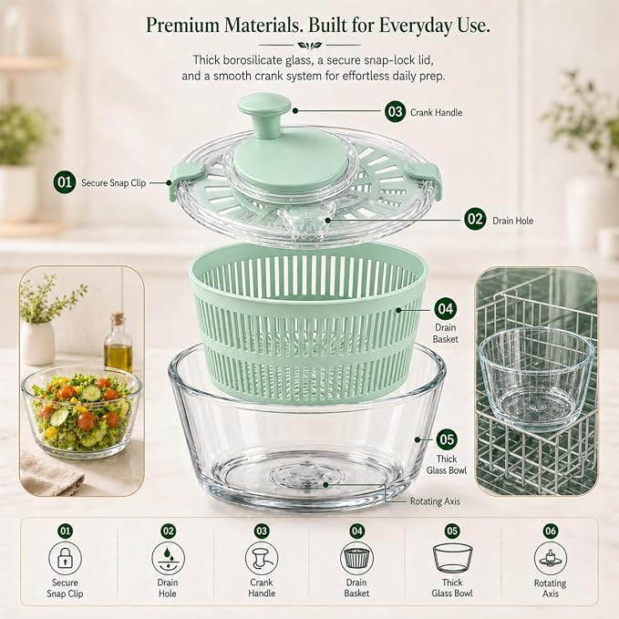 Large 5.2 Qt Glass Salad Spinner with Drain, Green | Microwave- and Dishwasher-Safe Glass Bowl, Transparent Lid, Crank Handle, Quick-Spin Salad Cleaner for Lettuce, Herbs & Fruit