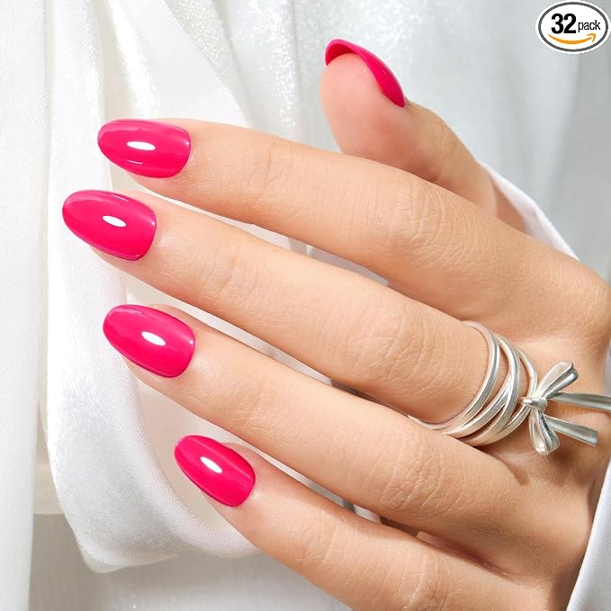 Modelones Press on Nails Short, Summer Oval Fake Nails, Reusable Nail Kit | with Nail Glue Adhesive Tabs Mini Nail File, Nails Press Ons 32Pcs 16Sizes, Women Girl Gift, Chrome Pink