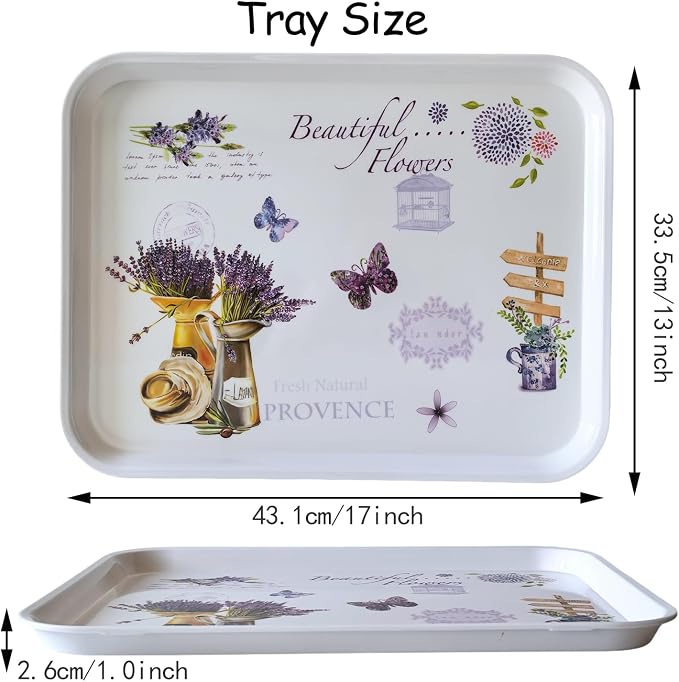 Large Floral Melamine Serving Trays 2 Pack Rectangle Food Platter | Stackable, Reusable, Raised Edge, Rectangular, Easy Clean,For Gift, Party, Decor, Home, Restaurant Use,Household Dining