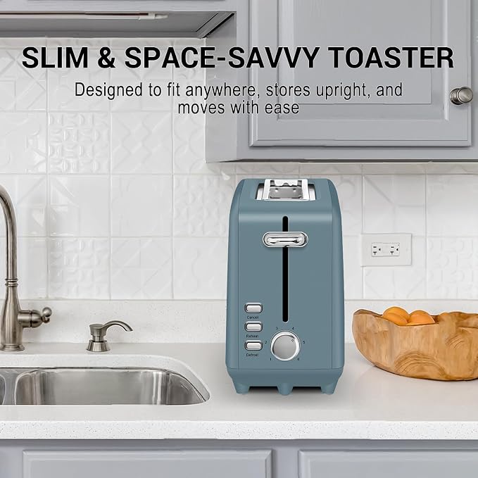 SEEDEEM Stainless Steel Toaster 2 Slice Slim, 10" Single Long Slot, Surf | 6 Shade Settings, Extra Wide Slot Fits Bagels & Artisan Bread, Defrost, Cancel Function, Removable Crumb Tray