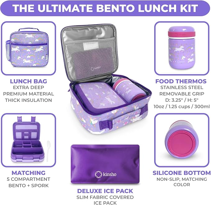 kinsho Bento Box for Girls Toddlers with Thermo Lunch Pack, Purple Unicorn | 5 Compartments, Removable Tray, Small Meal Snack Container for Girls Toddlers Daycare Pre-School Kindergarten, Steel Food Jar