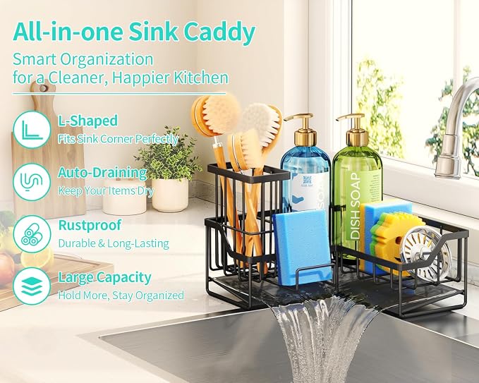 HapiRm Sponge Holder for Kitchen Sink - Rustproof L-Shaped Sink Caddy | Stainless Steel Kitchen Organizer for Corner, Self-Draining 3-in-1 Dish Brush and Sponge Storage, Space-Saving - Black(Large)