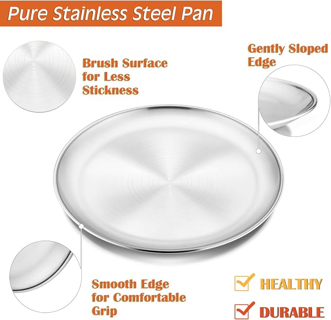 P&P CHEF Pizza Pan Set of 2, 12 Inch Stainless Steel Pizza Tray, Silver | 2 Pieces Round Pizzas Plate for Pie Cookie Cake, Good For Baking Cooking Roasting, Non Toxic & Heavy Duty, Dishwasher Safe