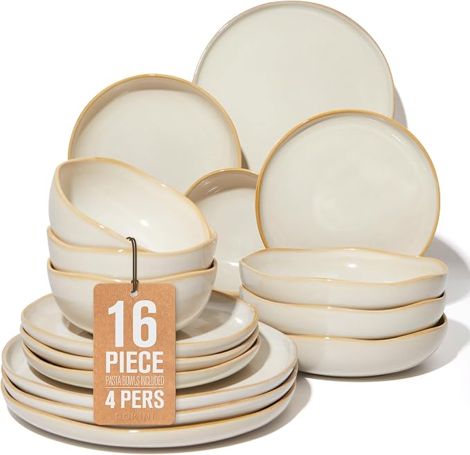 Plates and Bowls Sets, 16 Pieces Dinnerware Set for 4 with Pasta Bowls, Handmade Dishes Set, Chip Resistant Dishware Sets, Microwave Safe Dinner Set, Designed for Interactive Meal, Yellow White