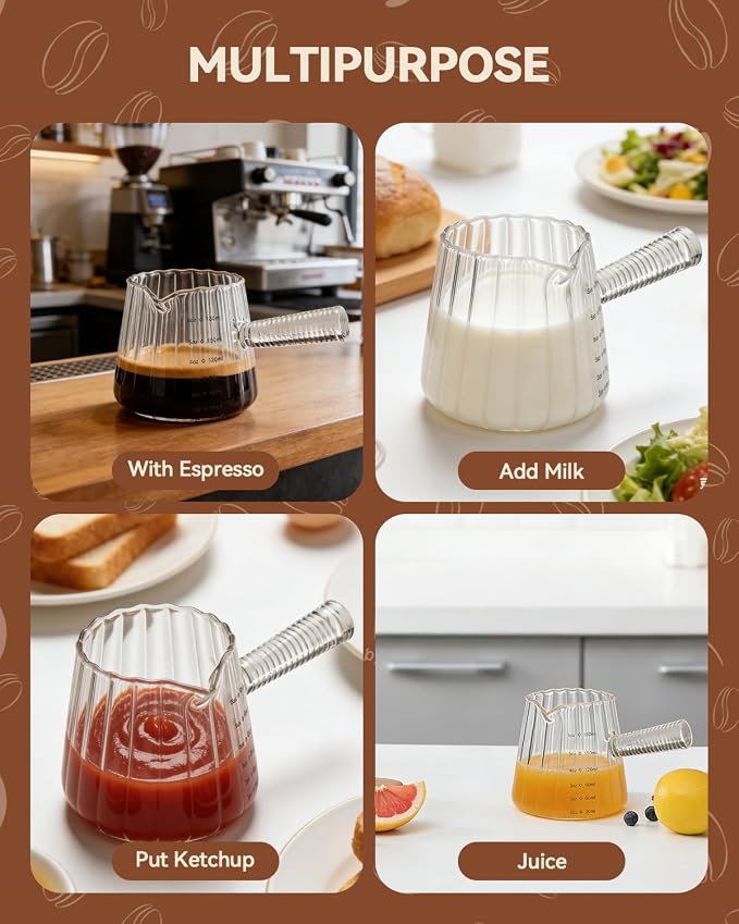 2 PCS Espresso Measuring Cup 6 Oz, Espresso Glass Cups with Glass Handle, Milk Frothing Cup, Espresso Cup for Coffee, Milk, Tea or Maple Syrup Serving (Pure Transparent Color)
