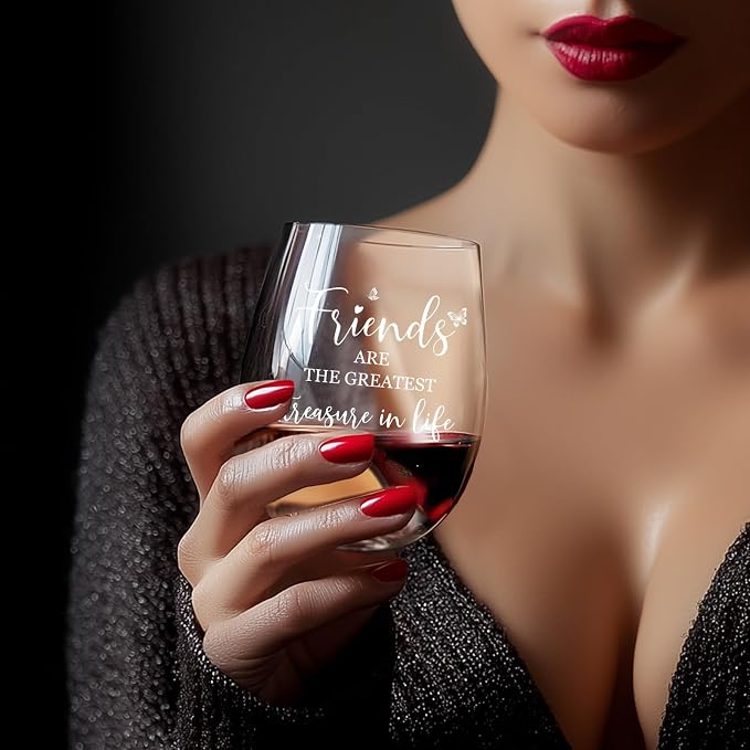 Friend Birthday Gifts for Women, 15 oz Wine Glasses, Dishwasher Safe | “Friends Are The Greatest Treasure In Life” – Scratch-Resistant Wine Glass, Best Friend Birthday Gifts for Women (White)