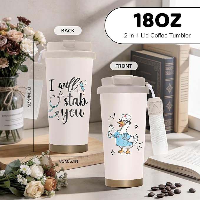 Nurse Tumbler Stainless Steel 2-in-1 Lid Coffee Tumbler 18 oz Stab You Insulated Funny Travel Coffee Mug Nurses Gift Water Bottle for Nurses Week Nursing Student