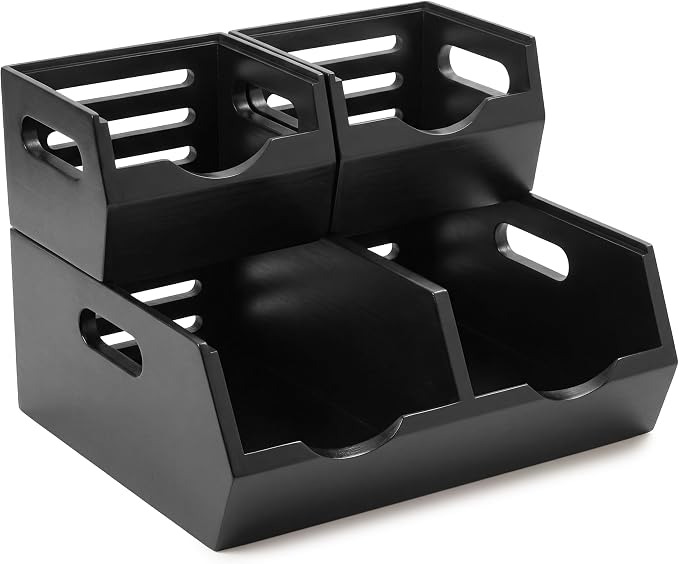 HOMESTEAD Stackable Solid Wood Storage Bins for Pantry & Countertop, Ventilated Potato and Onion Basket Organizer with Handles, Wooden Produce Storage Containers, 3 Pack, Black