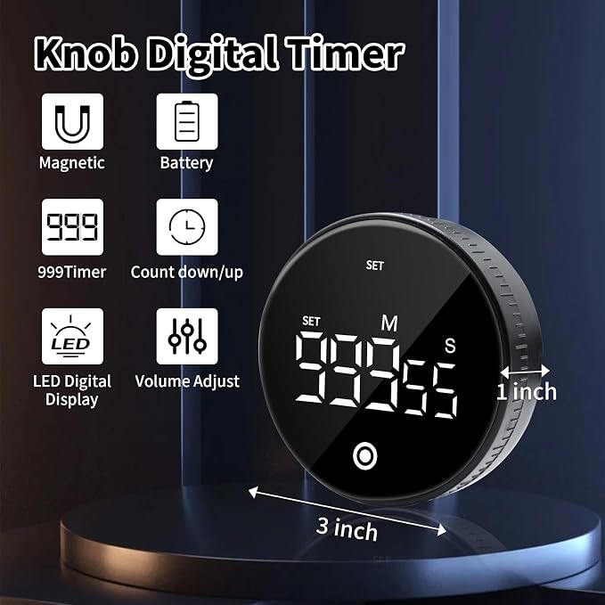 Digital Kitchen Timer, Magnetic Visual Countdown Countup Timer with Large LED Display, Adjustable Volume, Easy for Seniors and Kids, for Cooking, Classroom, Fitness, Study (Black)